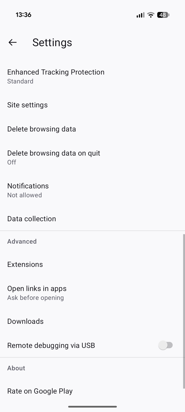 Firefox setting screen 1