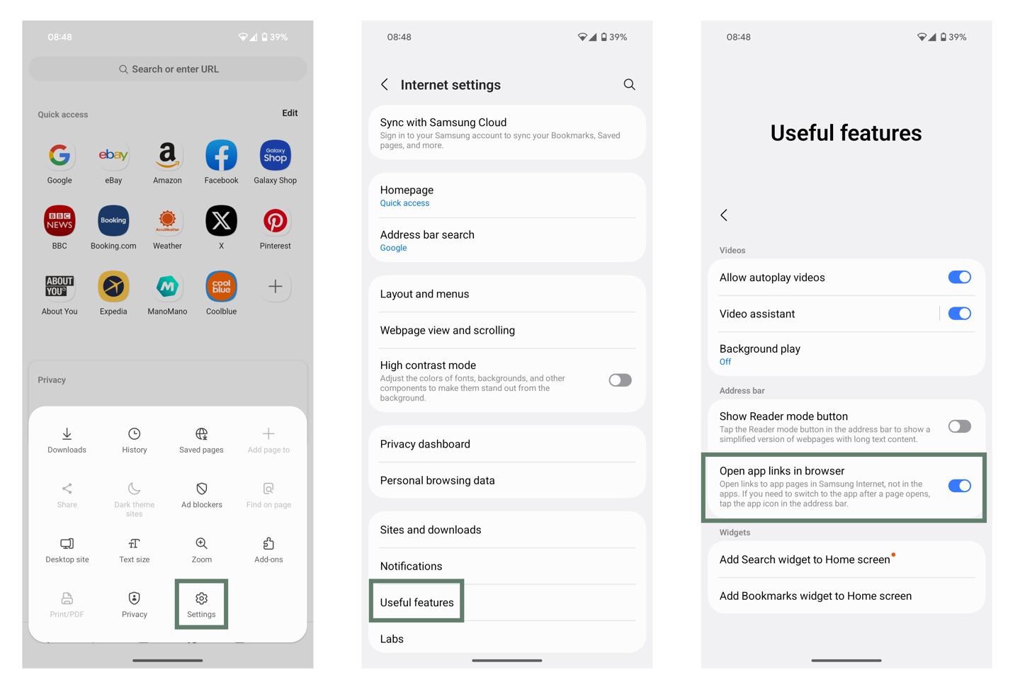 Samsung Internet setting for opening links in apps