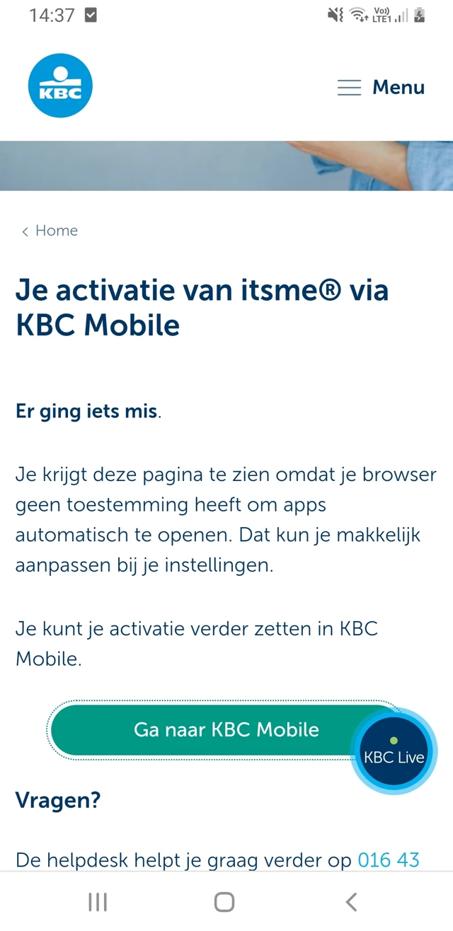 KBC fallback page with open-in-app button